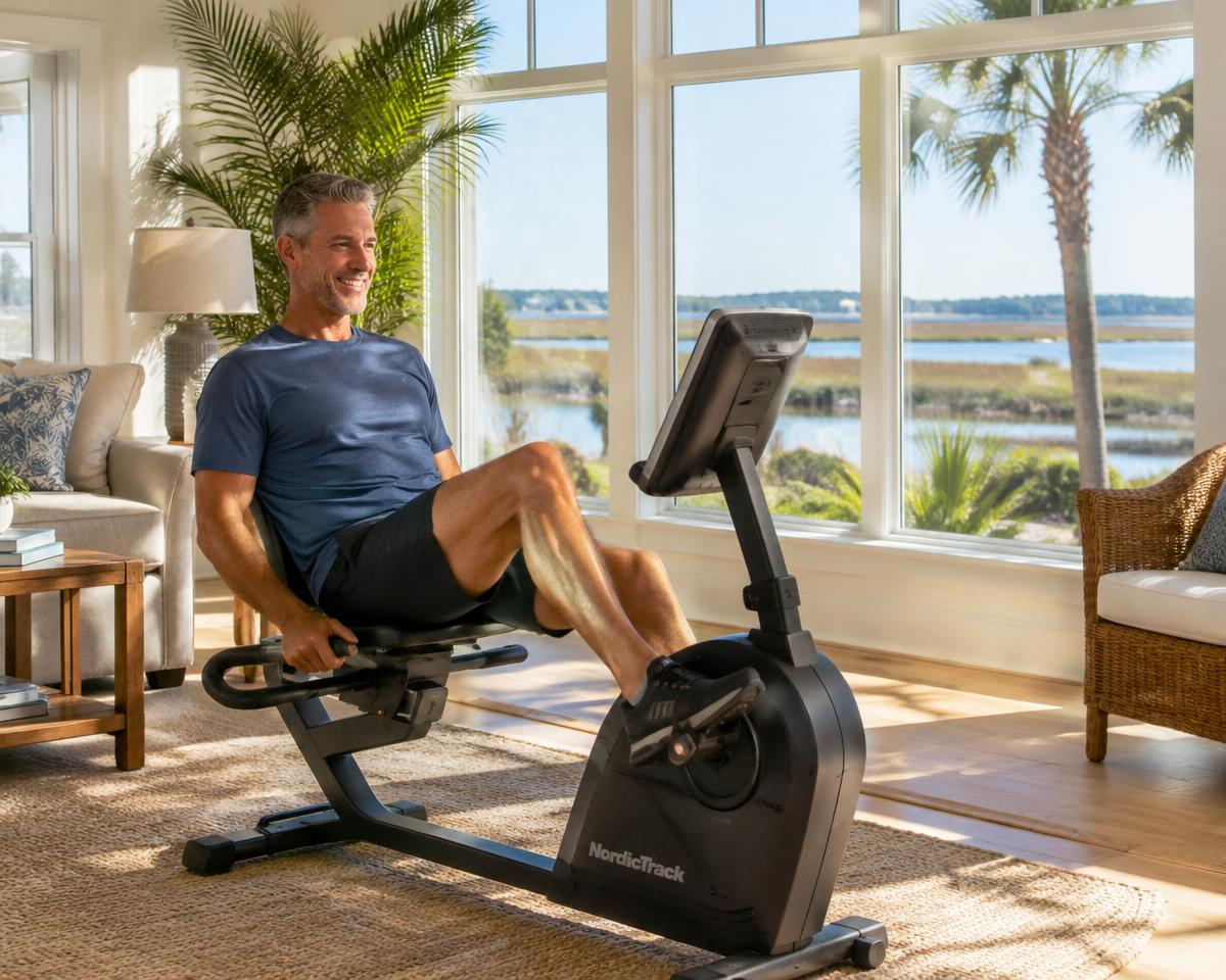 Man riding a recumbent exercise bike at home with a marsh view (representative photo)