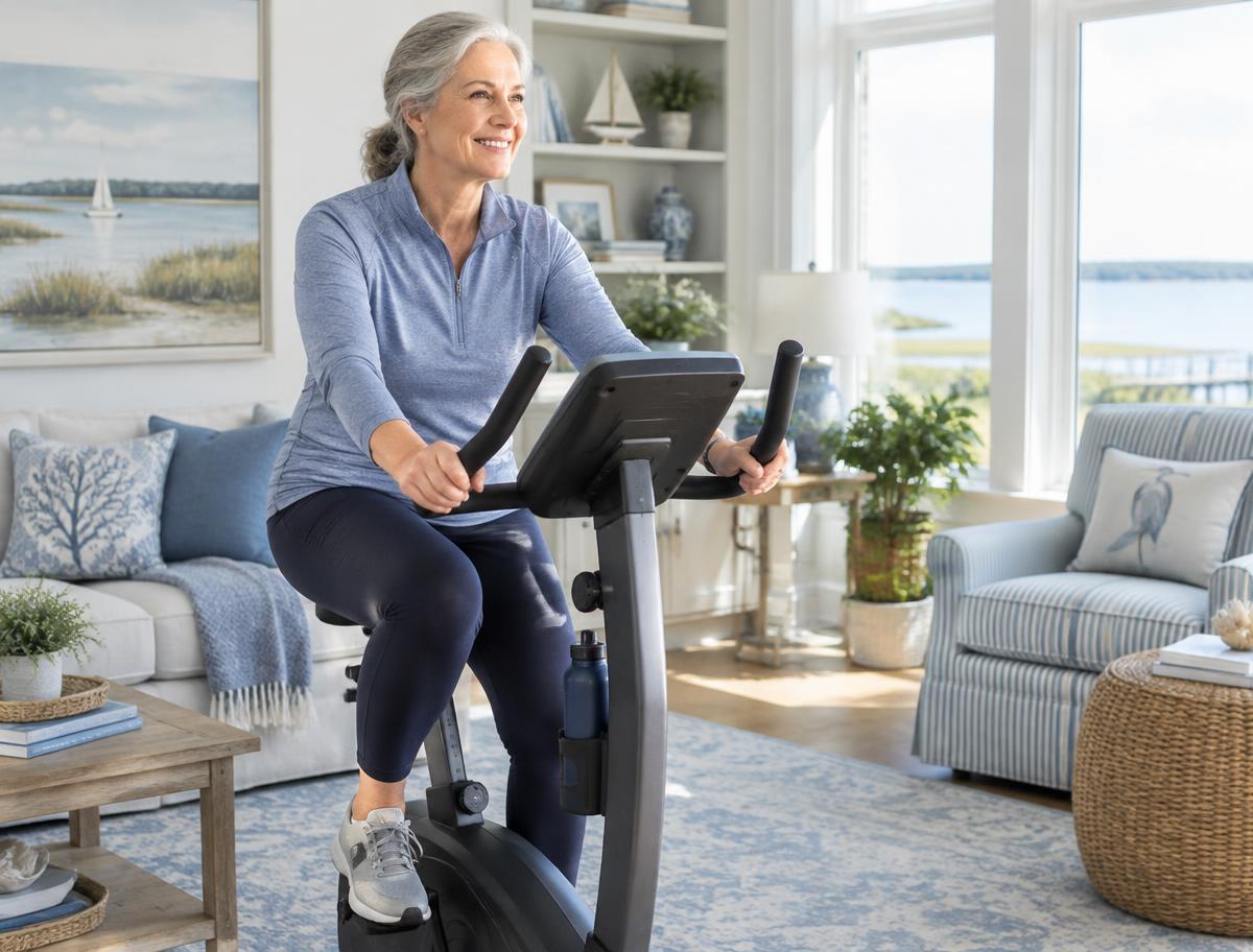 Woman riding an upright exercise bike at home